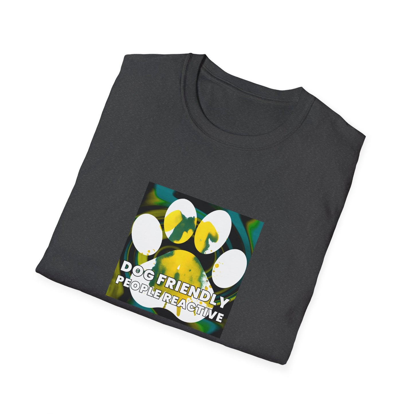 Burst90s - "Dog Friendly, People Reactive" (Yellow Blue Swirl) Unisex Tee