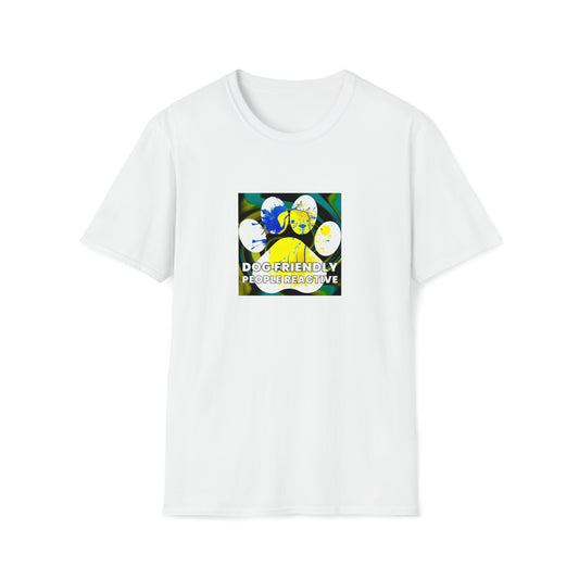 FreshTrendz by Sheezi - "Dog Friendly, People Reactive" (Yellow Blue Swirl) Unisex Tee