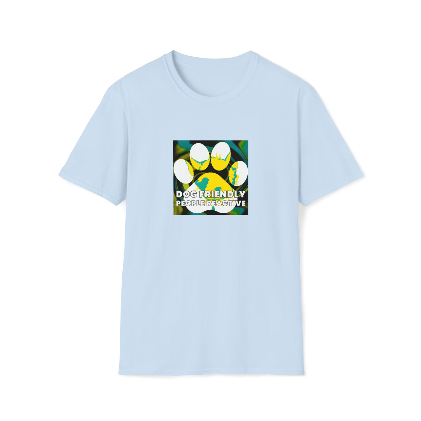 Pazazzi - "Dog Friendly, People Reactive" (Yellow Blue Swirl) Unisex Tee