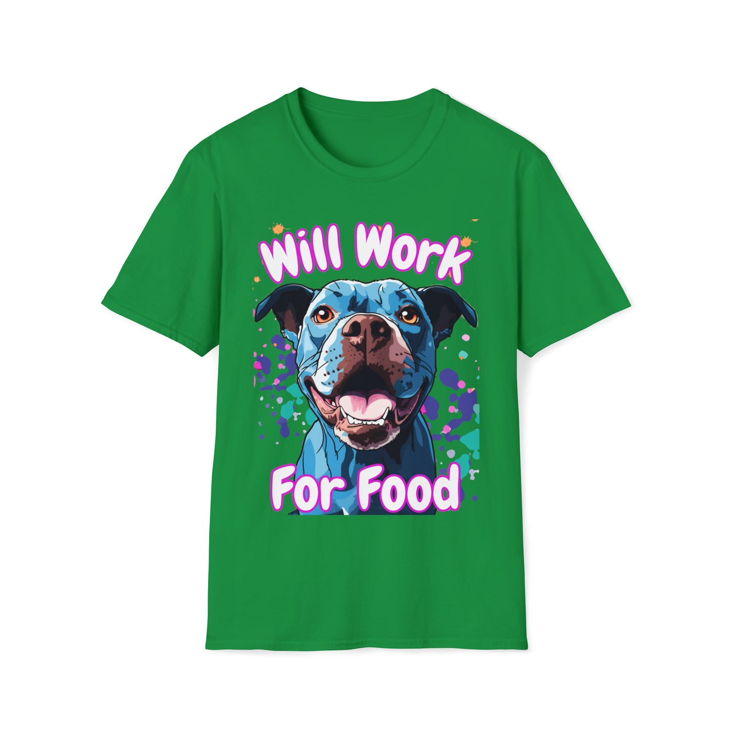 "Will Work For Food" Blue Pitbull Dog Unisex Softstyle T-Shirt (Pink Outline Lettering)