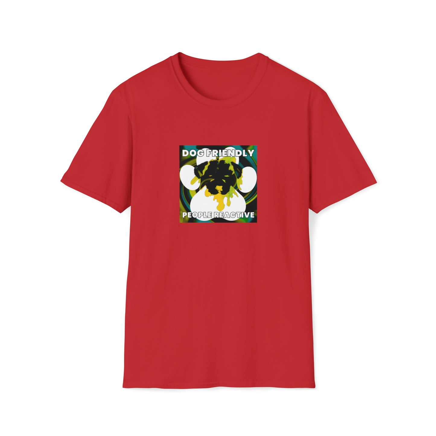 Garmenzo - "Dog Friendly, People Reactive" (Yellow Blue Swirl) Unisex Tee