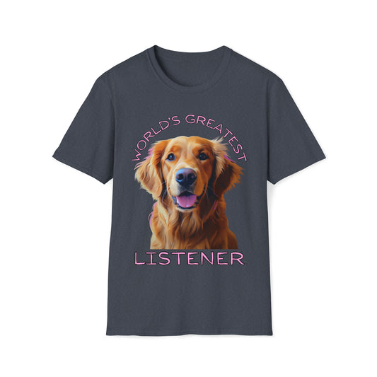 "World's Greatest Listener" (pink text) Unisex Softstyle T-Shirt