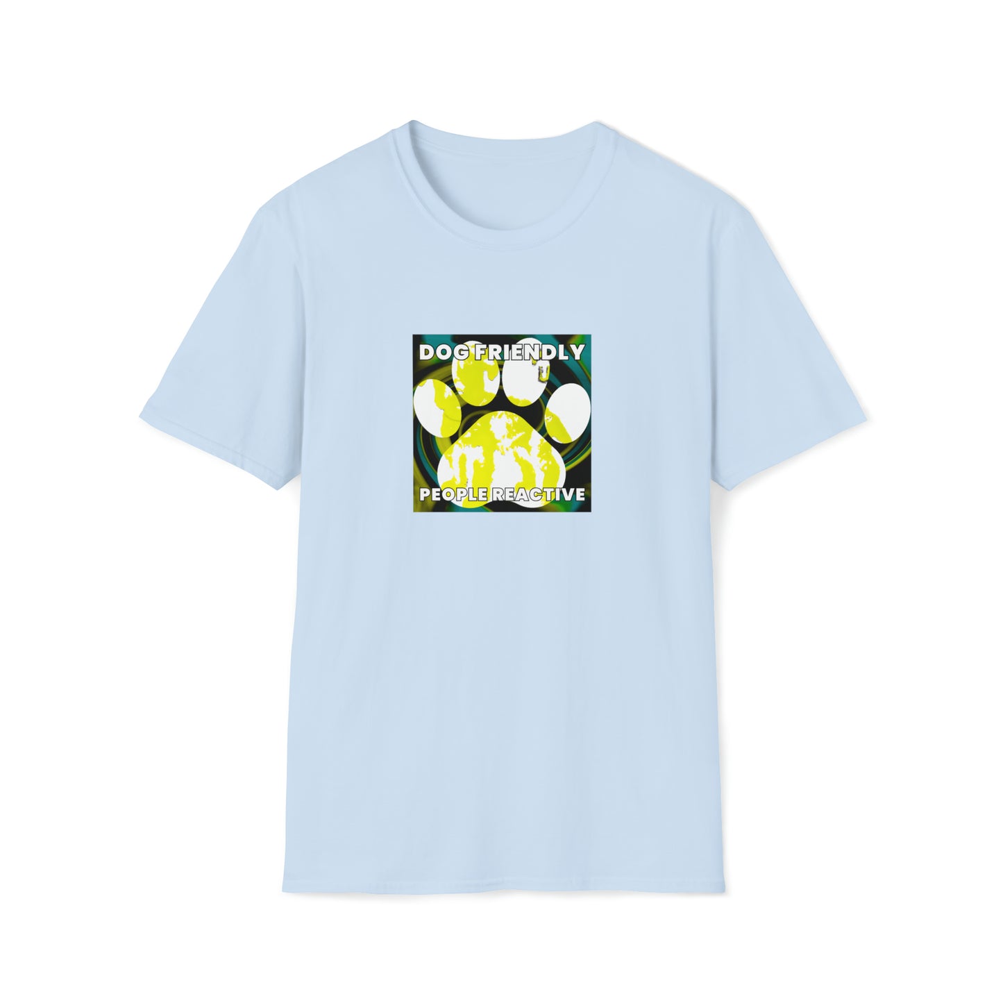 Vibes90 - "Dog Friendly, People Reactive" (Yellow Blue Swirl) Unisex Tee