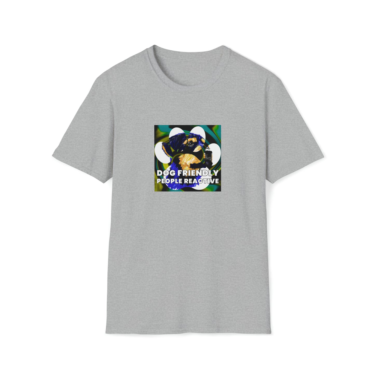 Chrome Couture - "Dog Friendly, People Reactive" (Yellow Blue Swirl) Unisex Tee