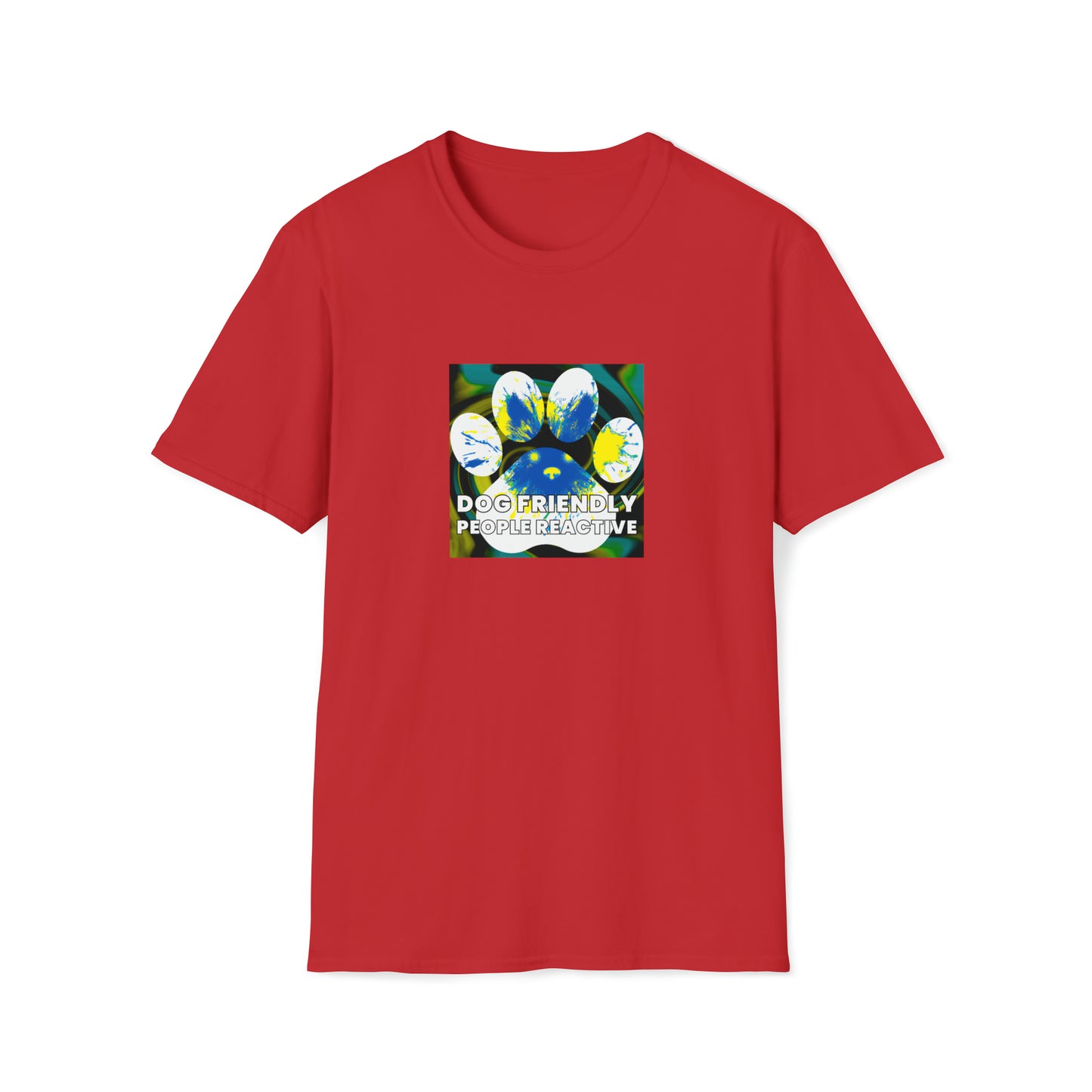 Theo Rebelle - "Dog Friendly, People Reactive" (Yellow Blue Swirl) Unisex Tee