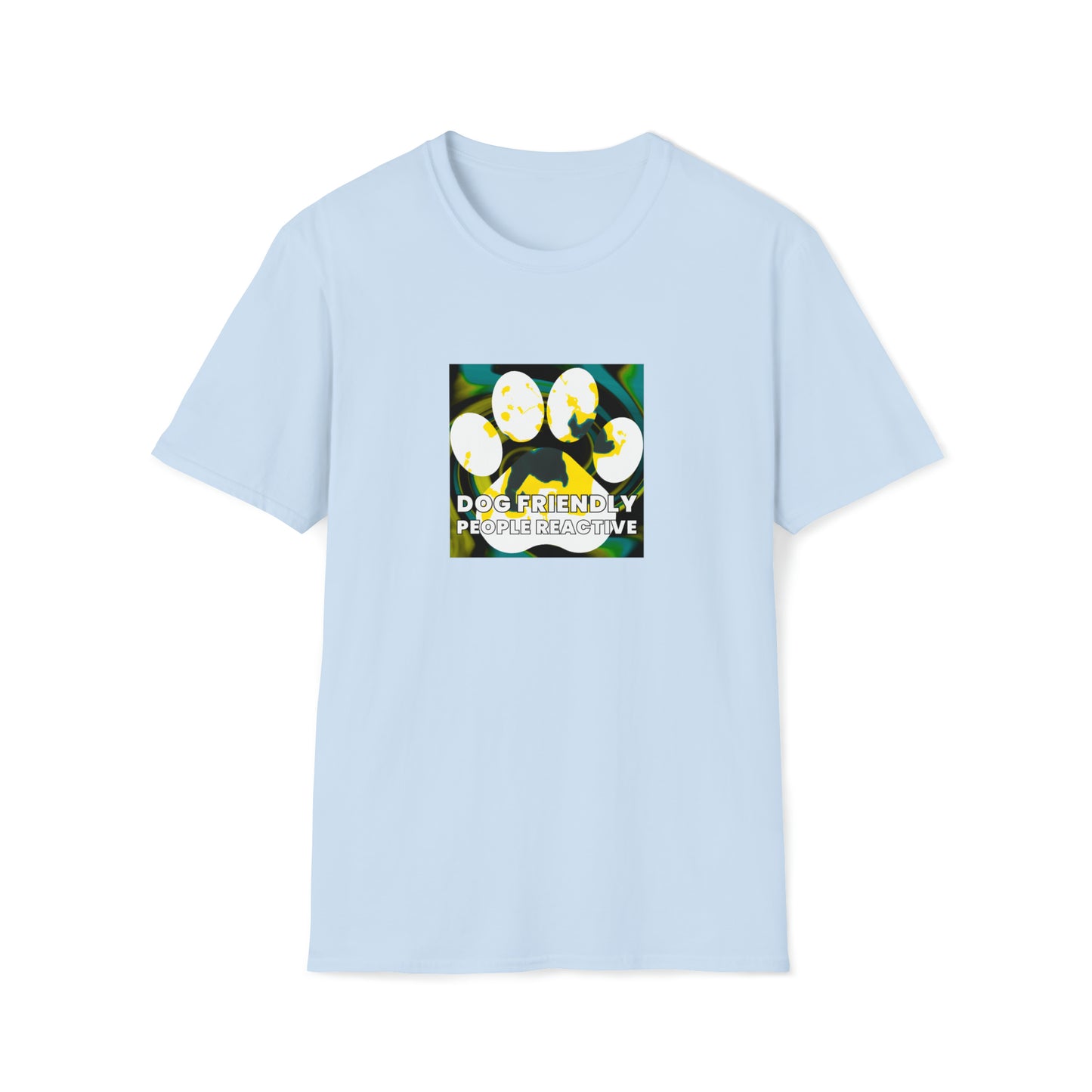 Skystreet Shimmerz - "Dog Friendly, People Reactive" (Yellow Blue Swirl) Unisex Tee