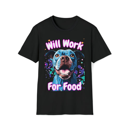 "Will Work For Food" Blue Pitbull Dog Unisex Softstyle T-Shirt (Pink Outline Lettering)