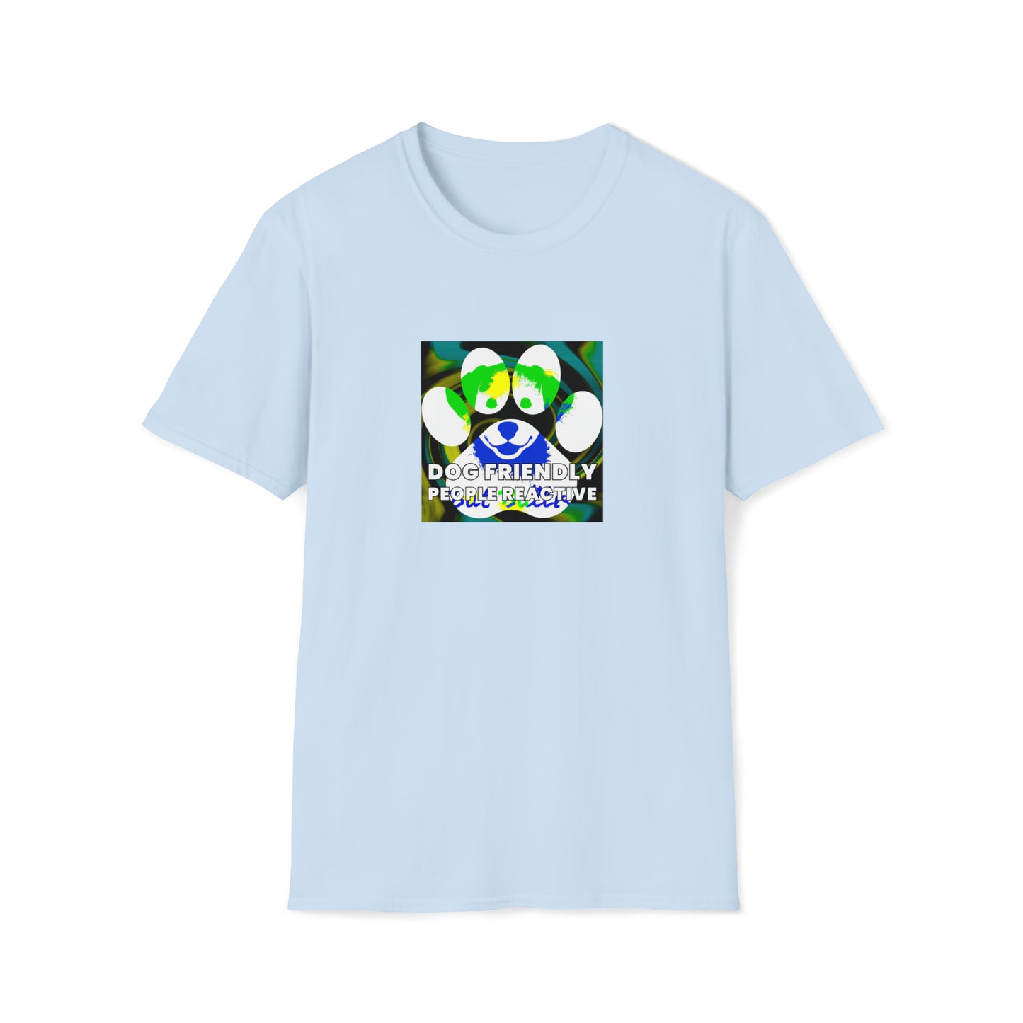 Boogie Street Designs - "Dog Friendly, People Reactive" (Yellow Blue Swirl) Unisex Tee