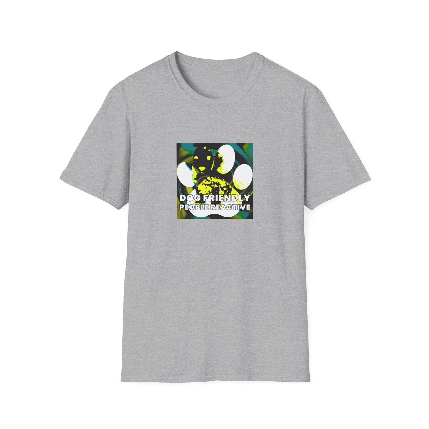 Tiger Lacy - "Dog Friendly, People Reactive" (Yellow Blue Swirl) Unisex Tee