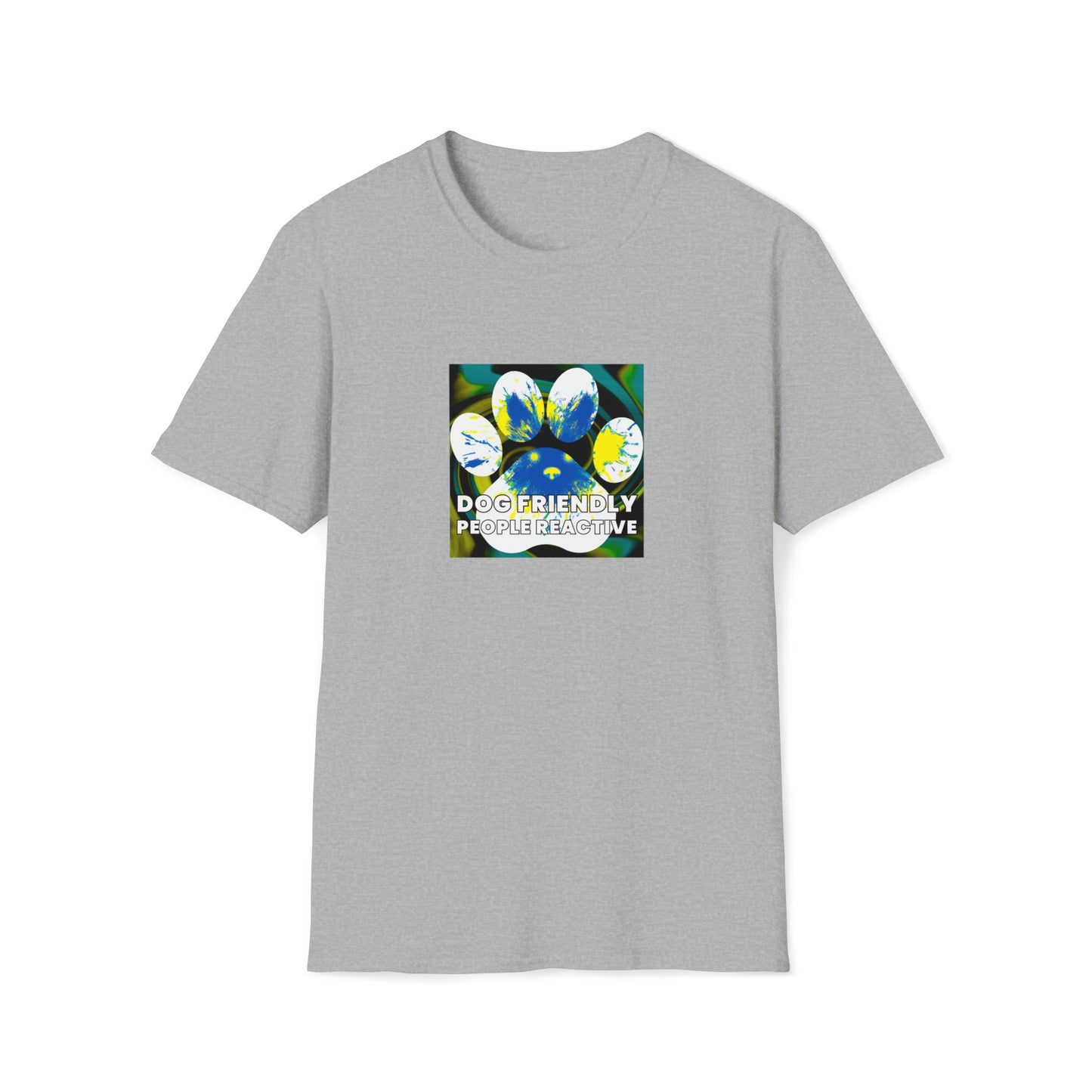 Theo Rebelle - "Dog Friendly, People Reactive" (Yellow Blue Swirl) Unisex Tee