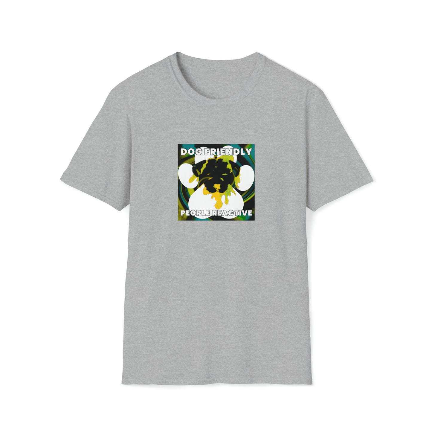 Garmenzo - "Dog Friendly, People Reactive" (Yellow Blue Swirl) Unisex Tee