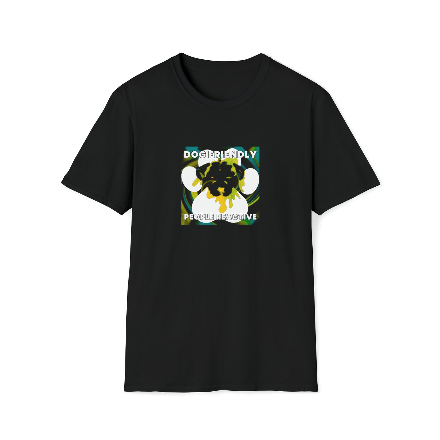 Garmenzo - "Dog Friendly, People Reactive" (Yellow Blue Swirl) Unisex Tee