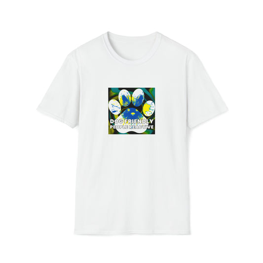 Theo Rebelle - "Dog Friendly, People Reactive" (Yellow Blue Swirl) Unisex Tee